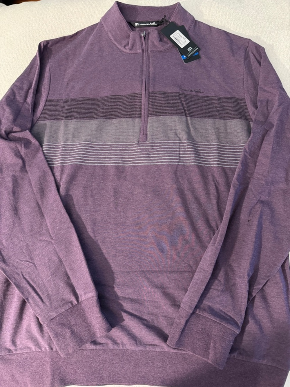 NWT Travis Mathew Men's Purple Zip-Up Sweater with Gray Stripe Detail